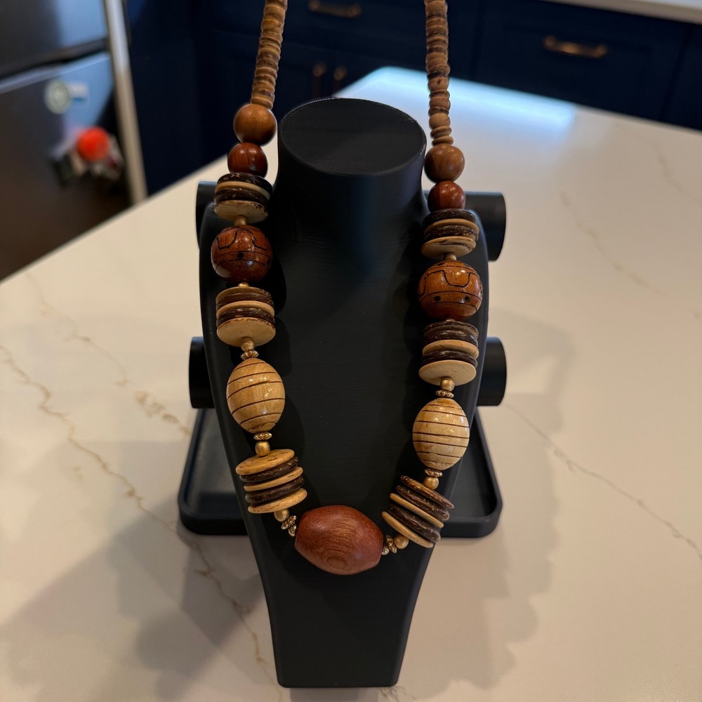 Artisan Eclectic Chunky Wood Bead Statement Necklace Natural Earth Tone 24"